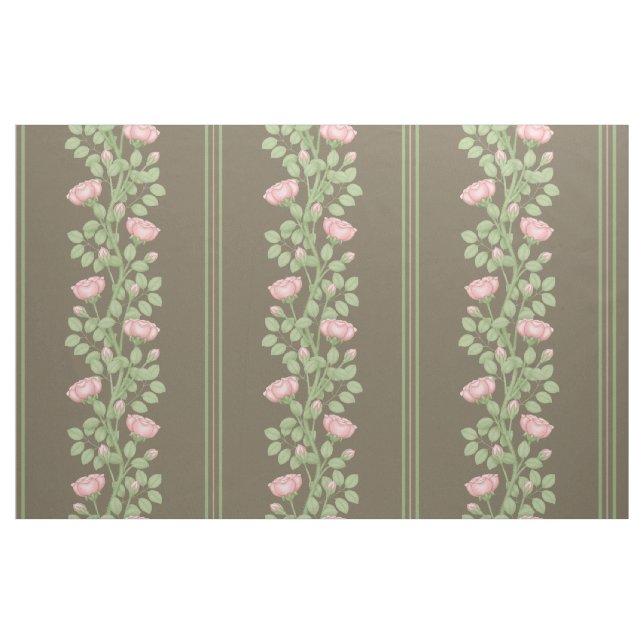 Pink Roses & Stripes on Brown (large scale) Fabric (Yard)