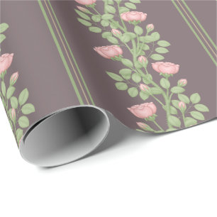 Pink Roses & stripes on Dark Plum Wrapping Paper
