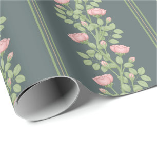 Pink Roses & Stripes on Slate Blue Wrapping Paper