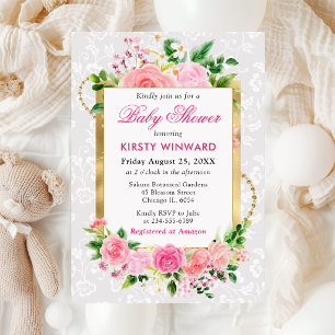 Pink Roses Summer Flowers Gold Baby Shower Invitation