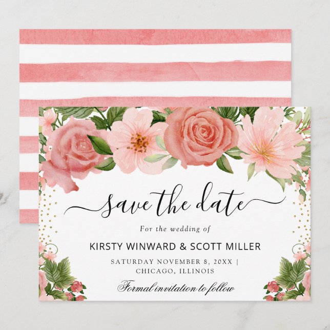 Pink Roses Summer Flowers Wedding Save The Date (Front/Back)
