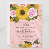 Pink Roses Sunflowers Gold Glitter 40th Birthday