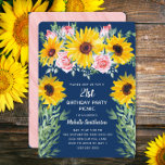 Pink Roses Sunflowers Navy Blue 21st Birthday  Invitation<br><div class="desc">Cute and stylish boho-style yellow sunflowers and pink roses on navy blue 21st birthday party picnic invitation for women. The back of this beautiful card has a pink rustic wood design to match the roses. Text is customizable for any event you are planning. Customize the navy blue background on the...</div>
