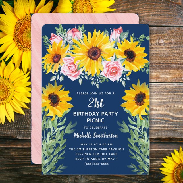 Pink Roses Sunflowers Navy Blue 21st Birthday  Invitation (Sunflowers and pink roses on navy blue 21st birthday party invitation)