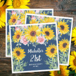 Pink Roses Sunflowers Navy Blue 21st Birthday   Napkin<br><div class="desc">Cute and stylish boho-style yellow sunflowers and pink roses on navy blue 21st birthday party picnic paper napkins for women. Text is customizable for any event you are planning. Customize the navy blue background on the front to any colour you want with Zazzle's powerful design tools. Contact me if you...</div>