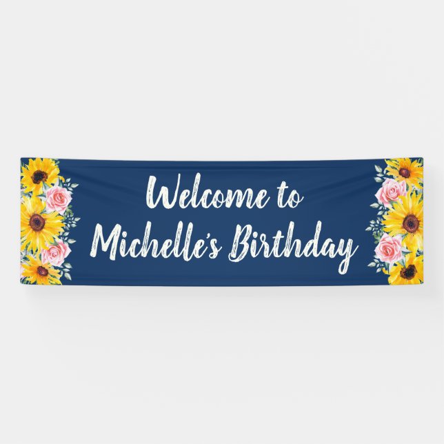 Pink Roses Sunflowers Navy Blue Birthday Welcome Banner (Horizontal)