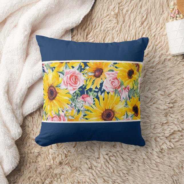 Pink Roses Sunflowers Navy Blue  Throw Pillow (Blanket)