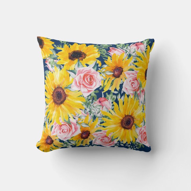 Pink Roses Sunflowers Navy Blue Throw Pillow (Front)