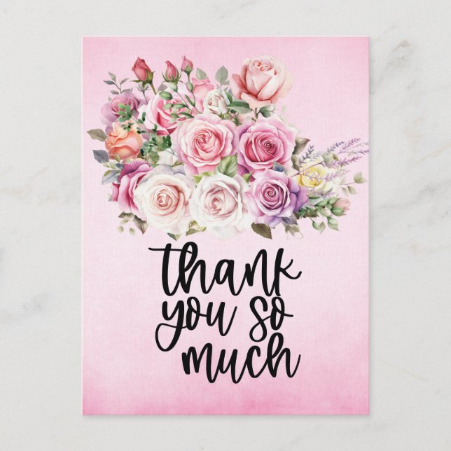 Pink roses Thank you card on pink background (Front)