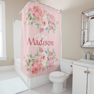 Pink Roses Trendy Girly Monogram Shower Curtain