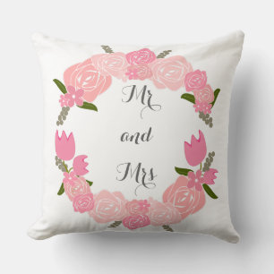 Pink Roses, Tulips, Flowers Wreath Mr and Mrs Throw Pillow