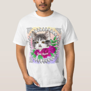 Pink Roses Tuxedo Cat T-Shirt