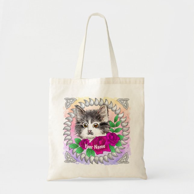 Pink Roses Tuxedo Cat  Tote Bag (Front)