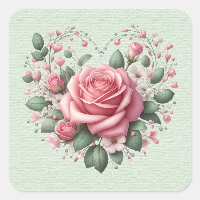 Pink Roses Valentine Heart Square Sticker (Front)