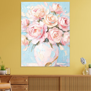 Pink Roses Vase Impasto Oil Painting Art Canvas Print