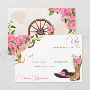 Pink Roses Vintage Charro Western Quinceanera RSVP Card