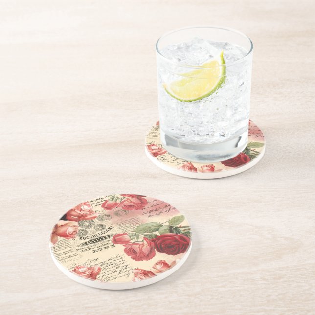 Pink Roses Vintage Ephemera Coaster (Side)