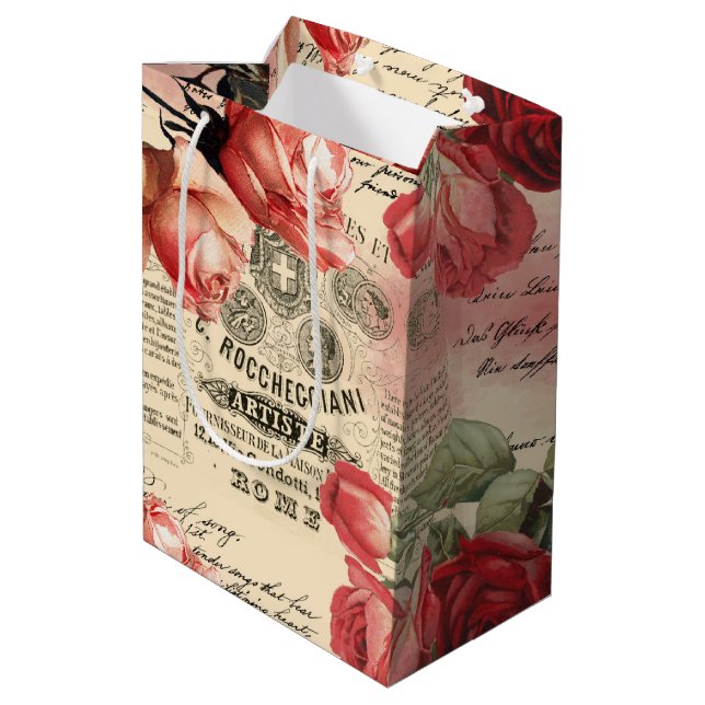 Pink Roses Vintage Ephemera Medium Gift Bag (Back Angled)
