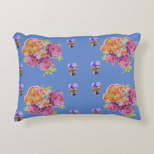 Pink Roses Violet Blue Shabby floral Decor Cushion (Front)