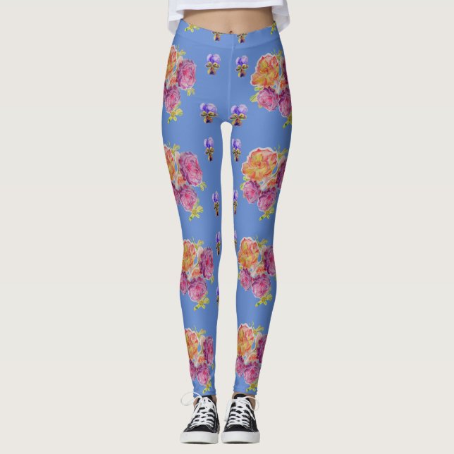 Pink Roses Violet Shabby watercolor Blue Leggings (Front)