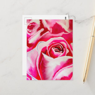 Pink roses watercolor art postcard