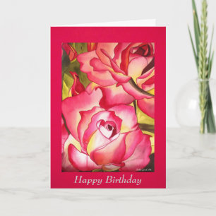 Pink Roses watercolor birthday flower Art Card