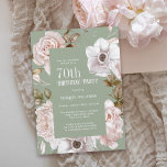 Pink Roses Watercolor Floral 70th Birthday Invitation<br><div class="desc">An elegant watercolor floral 70th birthday party invitation, this design features a sage green background to contrast beautifully with the winter ice pink roses framing the text. All of the text can be personalized with your custom party text, including the age. You can also use this invitation template for other...</div>