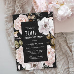 Pink Roses Watercolor Floral 70th Birthday Invitation<br><div class="desc">An elegant watercolor floral 70th birthday party invitation, this design features black background to contrast beautifully with the winter ice pink roses framing the text. All of the text can be personalized with your custom party text, including the age. You can also use this invitation template for other ages by...</div>