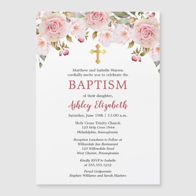 Pink Roses Watercolor Floral Baptism Invitation (Front)