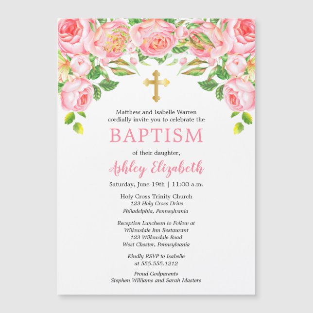 Pink Roses Watercolor Floral Baptism Invitation (Front)