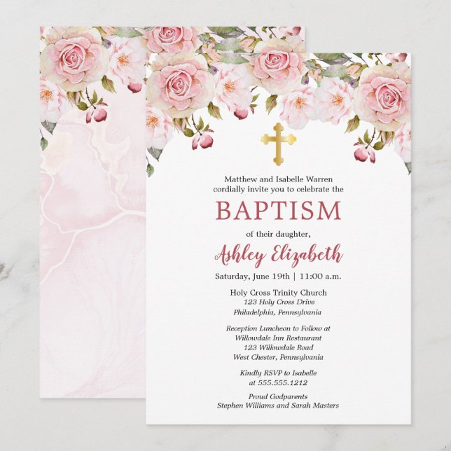 Pink Roses Watercolor Floral Baptism Invitation (Front/Back)
