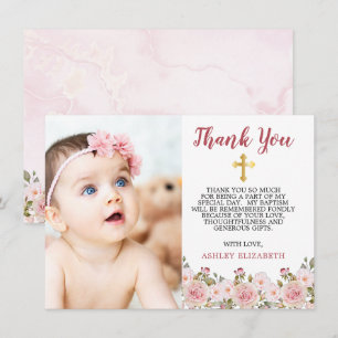 Pink Roses Watercolor Floral Baptism Thank You Card
