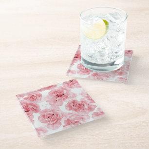 Pink Roses Watercolor Floral Blush Botanical Glass Coaster