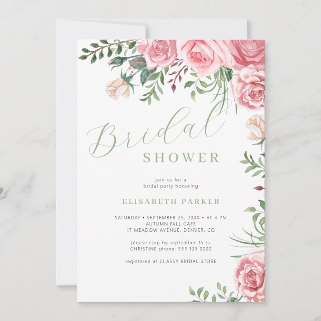 Pink roses watercolor floral elegant bridal shower invitation (Front)