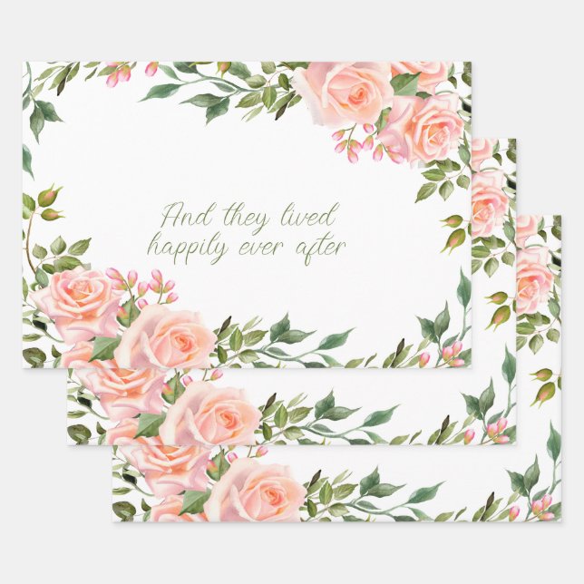 Pink Roses Watercolor Flowers Frame  Wrapping Paper Sheet (Set)