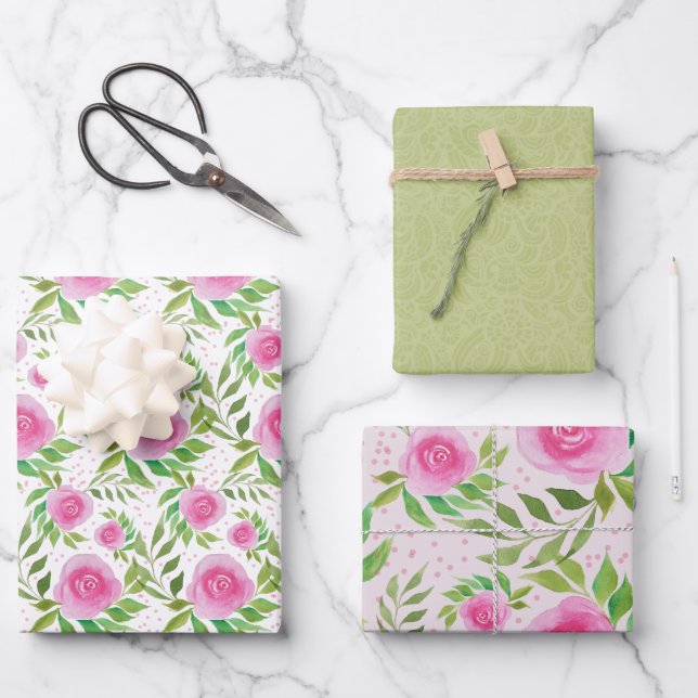 Pink Roses, Watercolor Hand-painted Wrapping Paper Sheet (Front)