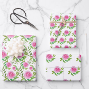 Pink Roses, Watercolor Hand-painted Wrapping Paper Sheet
