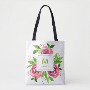 Pink Roses Watercolor Monogram Personalized Tote Bag