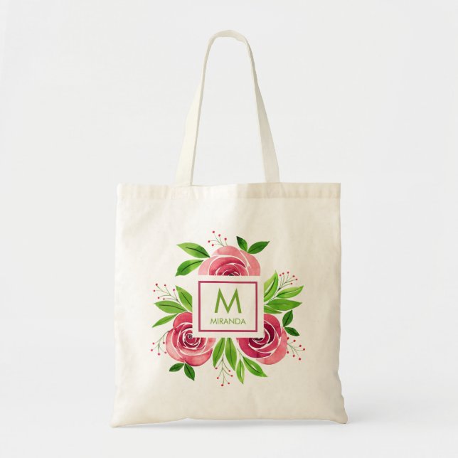 Pink Roses Watercolor Monogram Personalized Tote Bag (Front)