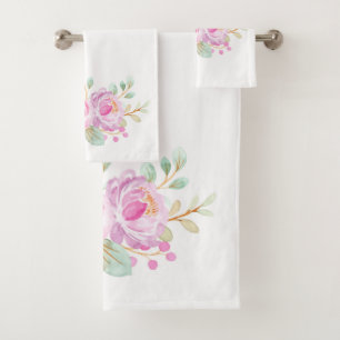 Pink Roses Watercolors On White  Bath Towel Set