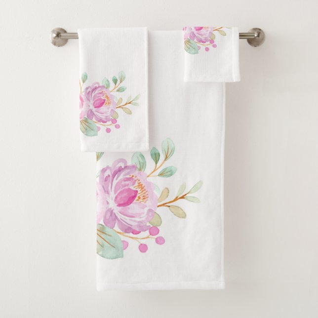 Pink Roses Watercolors On White  Bath Towel Set (Insitu)