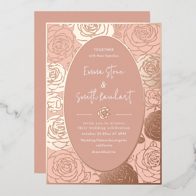 Pink Roses Wedding Foil Invitation (Front/Back)