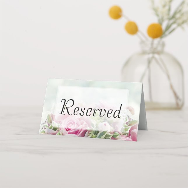 Pink Roses Wedding Reserved Place Card (Front)