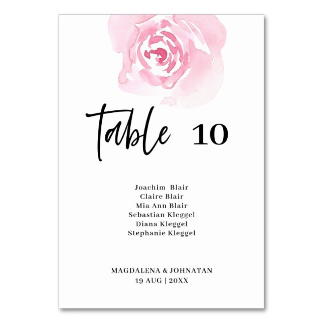 Pink Roses Wedding Table Number Card (Front)