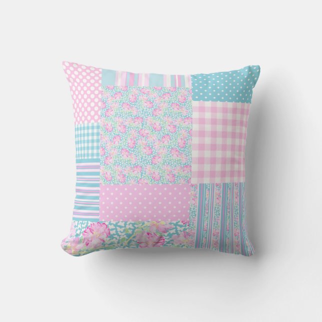 Pink Roses White Butterflies Blue Faux Patchwork Throw Pillow (Front)