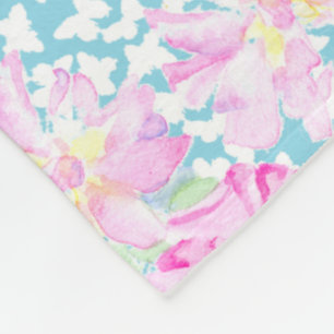 Pink Roses White Butterflies Blue Fleece Blanket