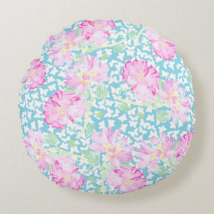 Pink Roses, White Butterflies Blue Round Pillow