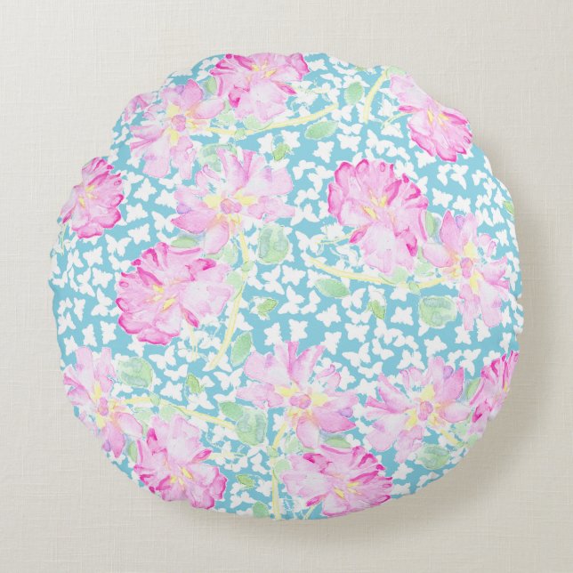 Pink Roses, White Butterflies Blue Round Pillow (Front)