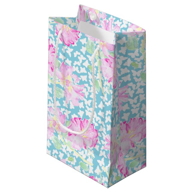 Pink Roses White Butterflies on Blue Gift Bag (Front Angled)