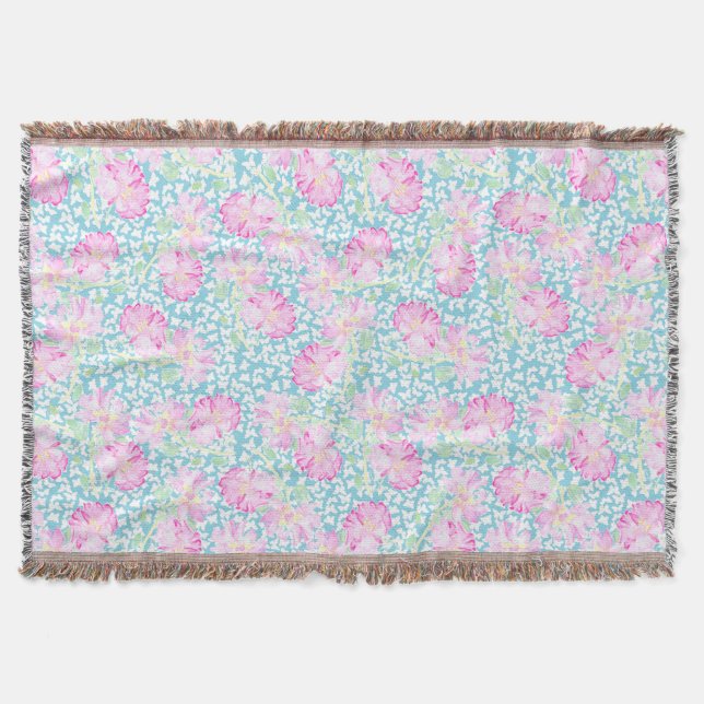 Pink Roses White Butterflies on Blue Throw Blanket (Front)